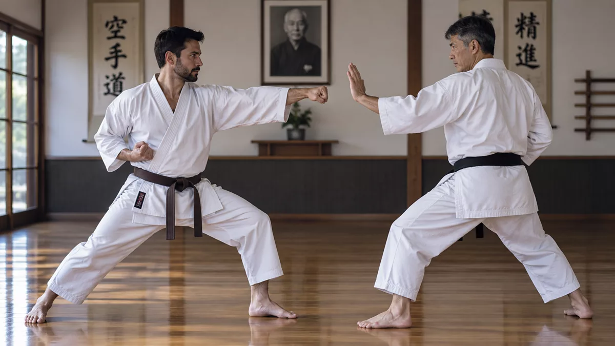 Dos practicantes adultos de Karate Shotokan entrenando kumite en un dojo